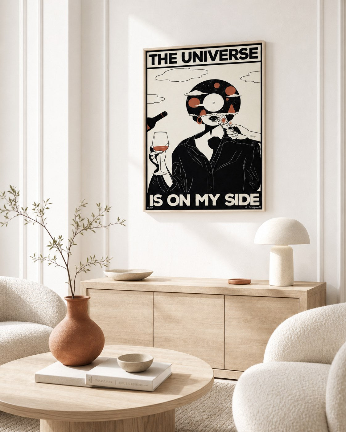 The Universe Is on My Side canvas in a warm white interior