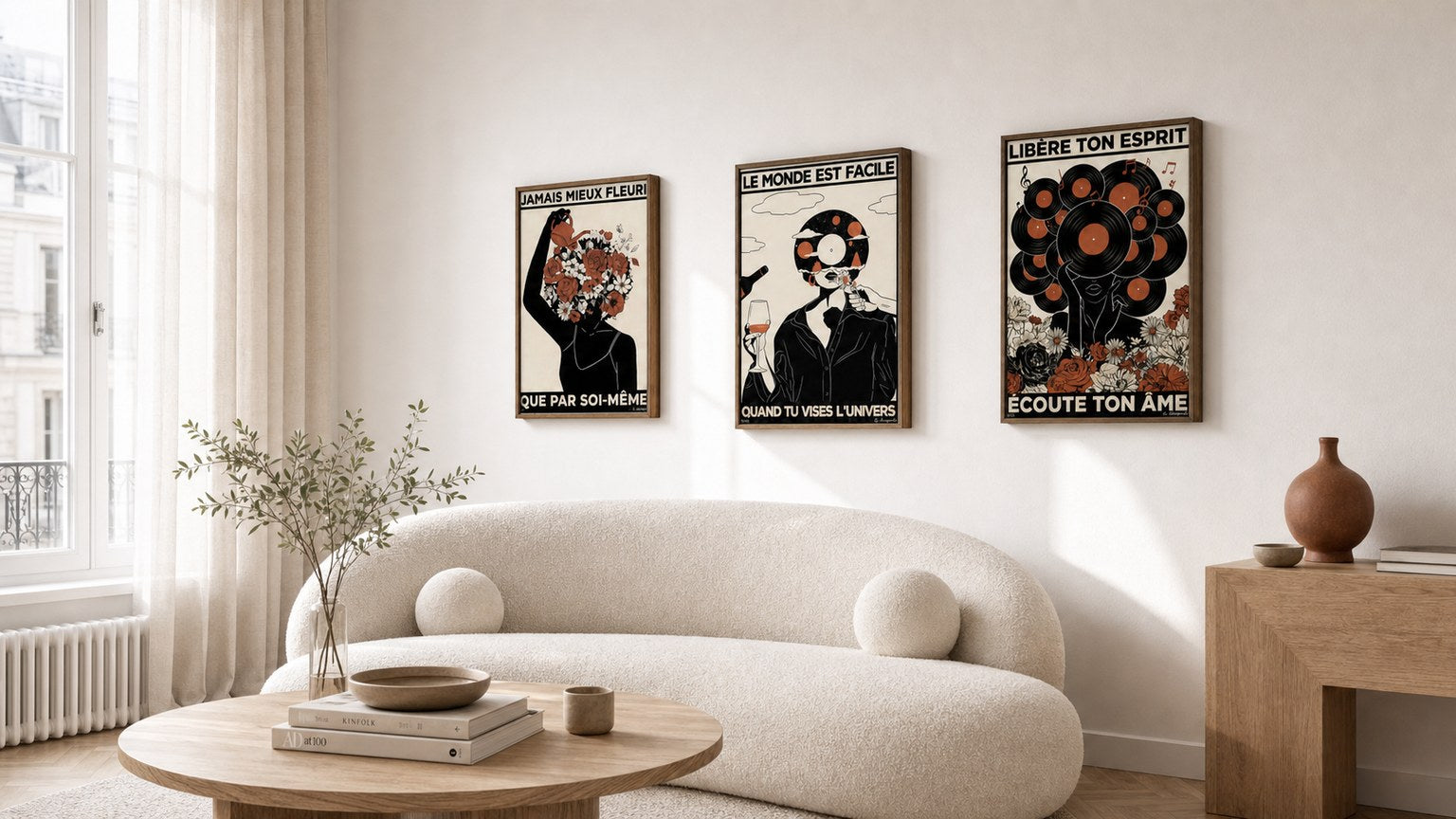 Trois toiles Atelier françaises composées en gallery wall dans un salon lumineux