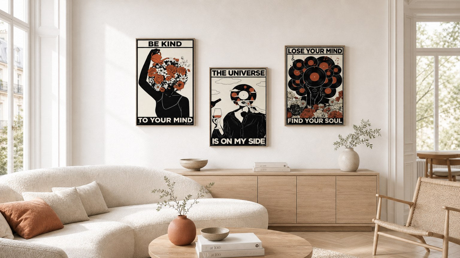 Three English Atelier canvases composed as a gallery wall in a bright living room